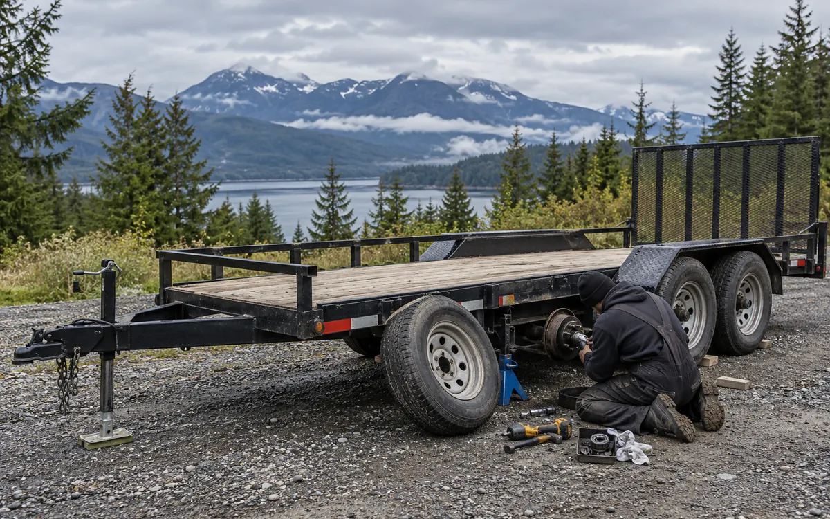 Mobile mechanic repairing a trailer wheel bearing on site in North Vancouver